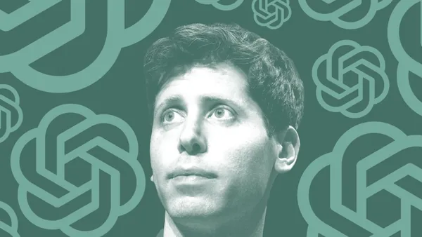 Sam Altman with OpenAI logo on green background.
