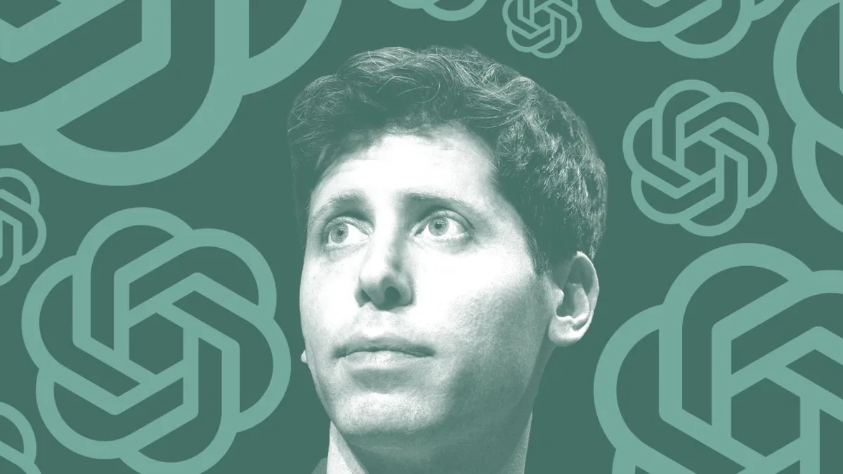 Sam Altman with OpenAI logo on green background.