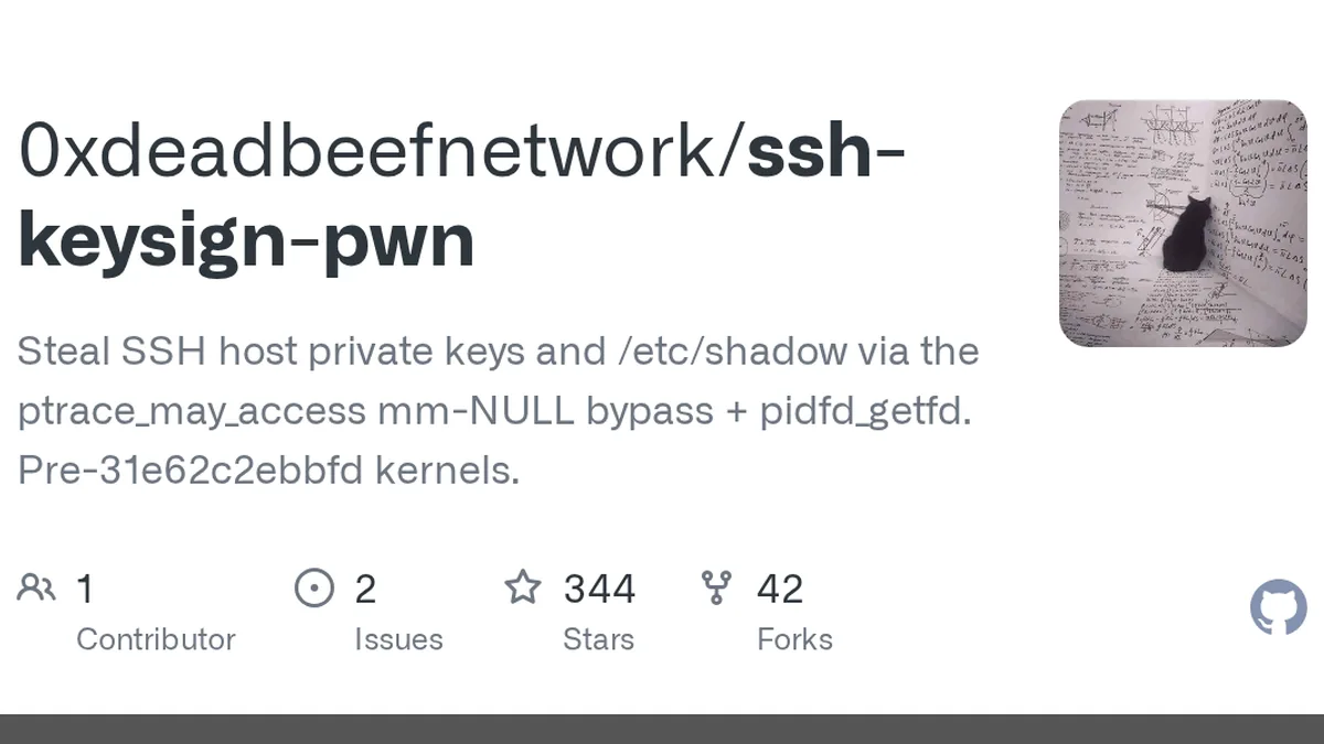 Steal SSH host private keys and /etc/shadow via the ptrace_may_access mm-NULL bypass + pidfd_getfd. Pre-31e62c2ebbfd kernels. - 0xdeadbeefnetwork/ssh-keysign-pwn