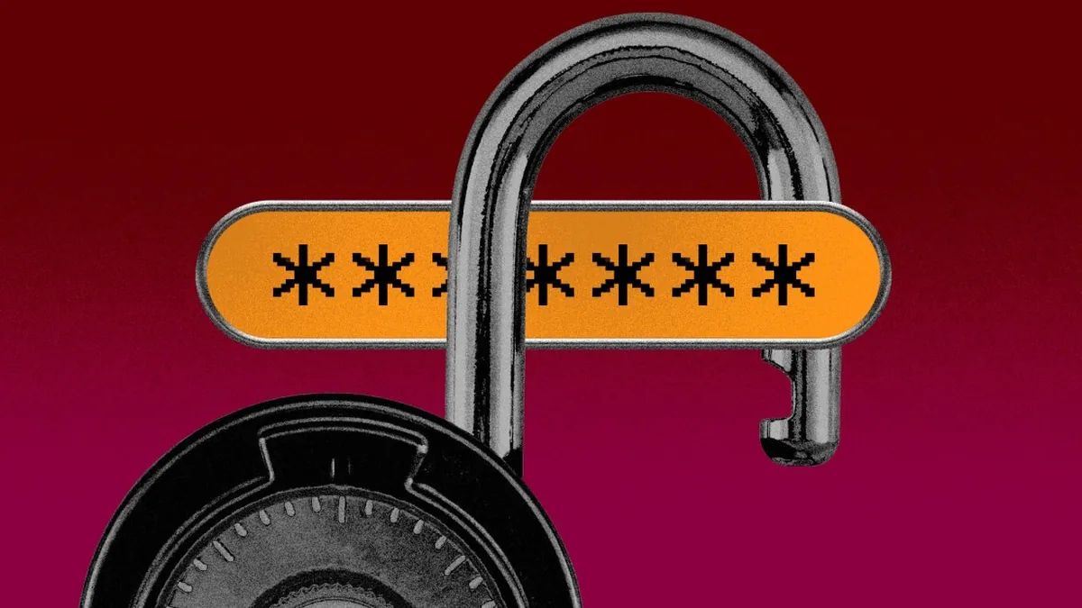 Illustration of a password above an open combination lock, implying a data breach.