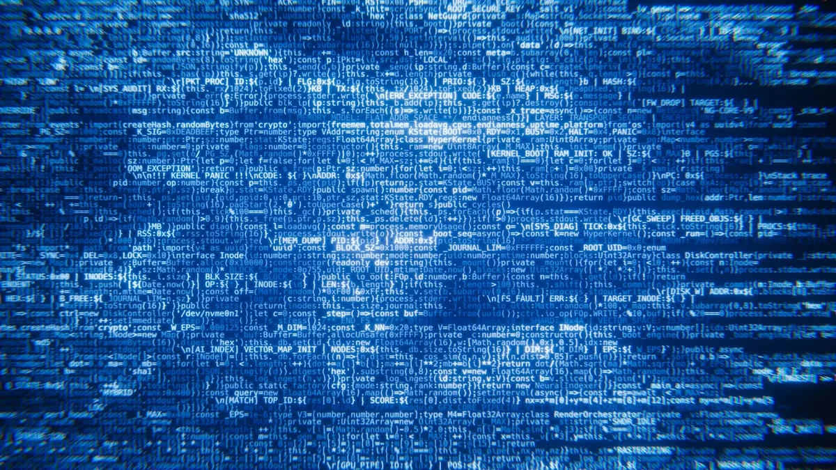 Lines of programming code scrolling up on a dark screen background