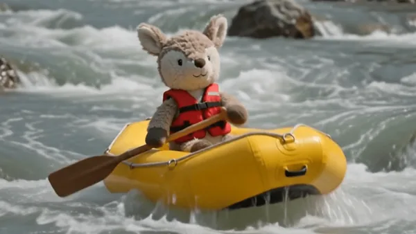 Still from an AI generated video of a stuffed deer white water rafting
