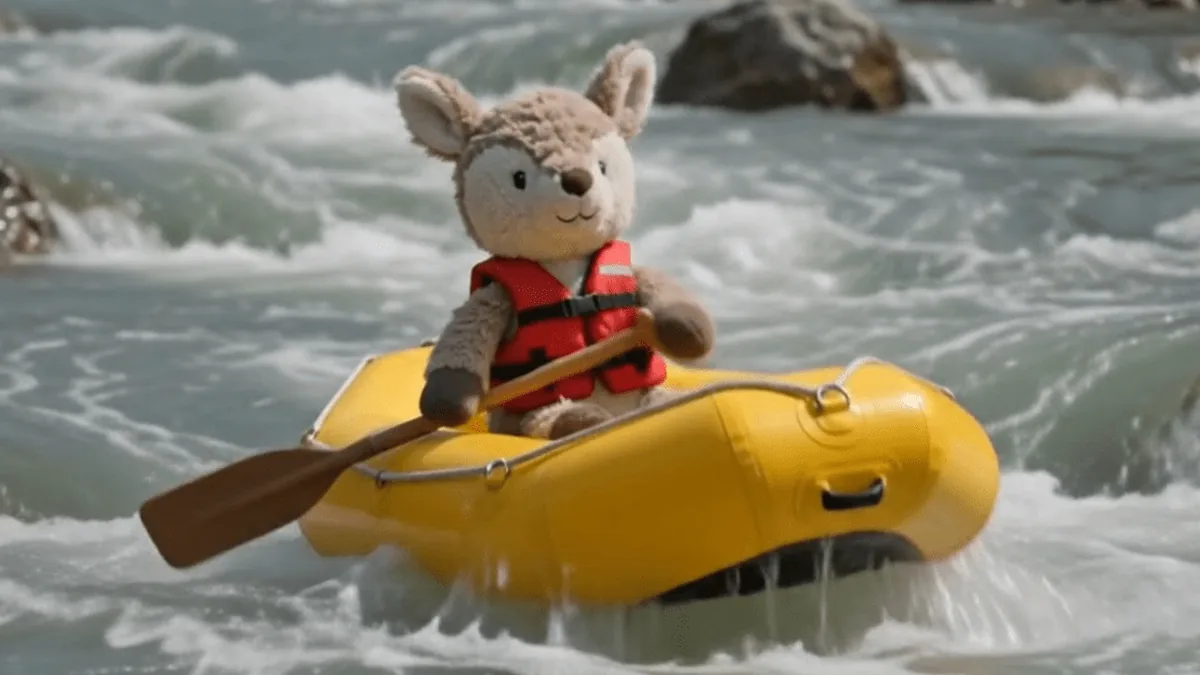 Still from an AI generated video of a stuffed deer white water rafting