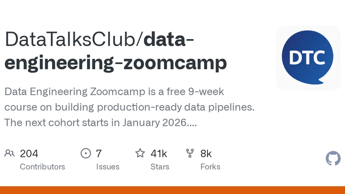 Data Engineering Zoomcamp is a free 9-week course on building production-ready data pipelines. The next cohort starts in January 2026. Join the course here 👇🏼 - DataTalksClub/data-engineering-zoomcamp