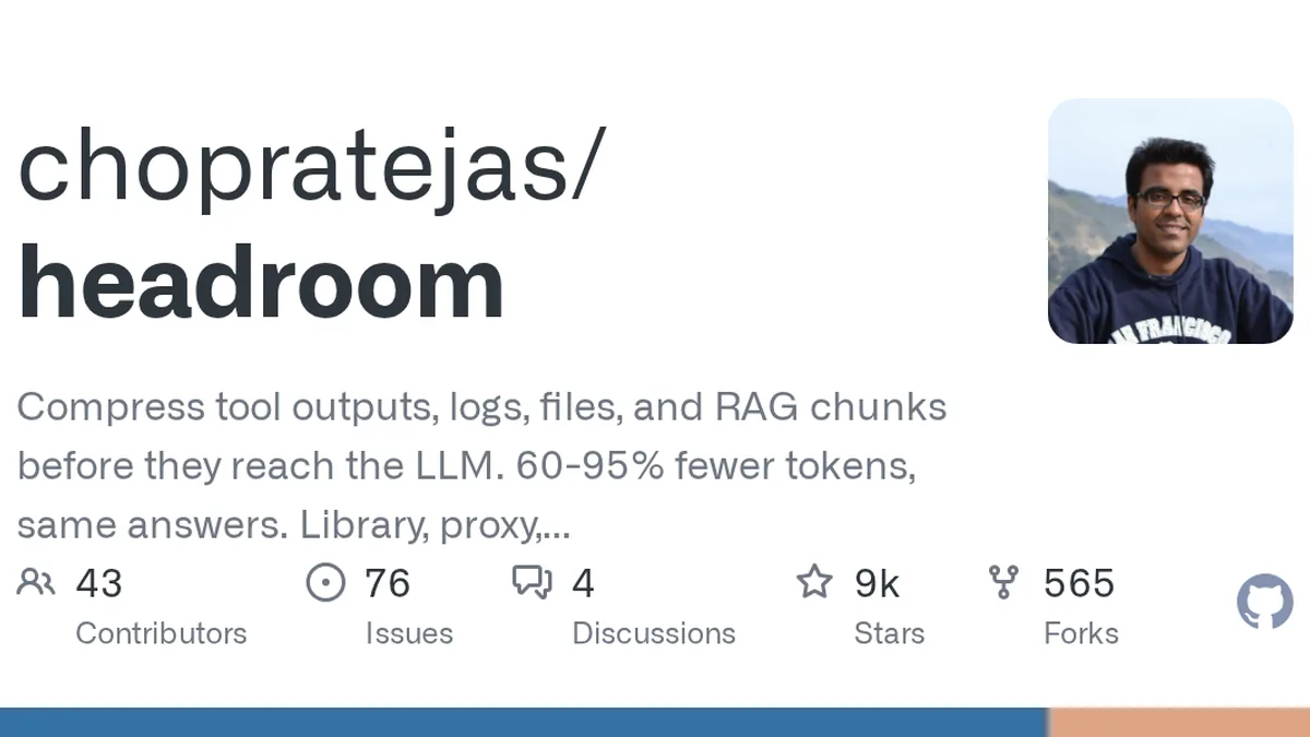 Compress tool outputs, logs, files, and RAG chunks before they reach the LLM. 60-95% fewer tokens, same answers. Library, proxy, MCP server. - chopratejas/headroom