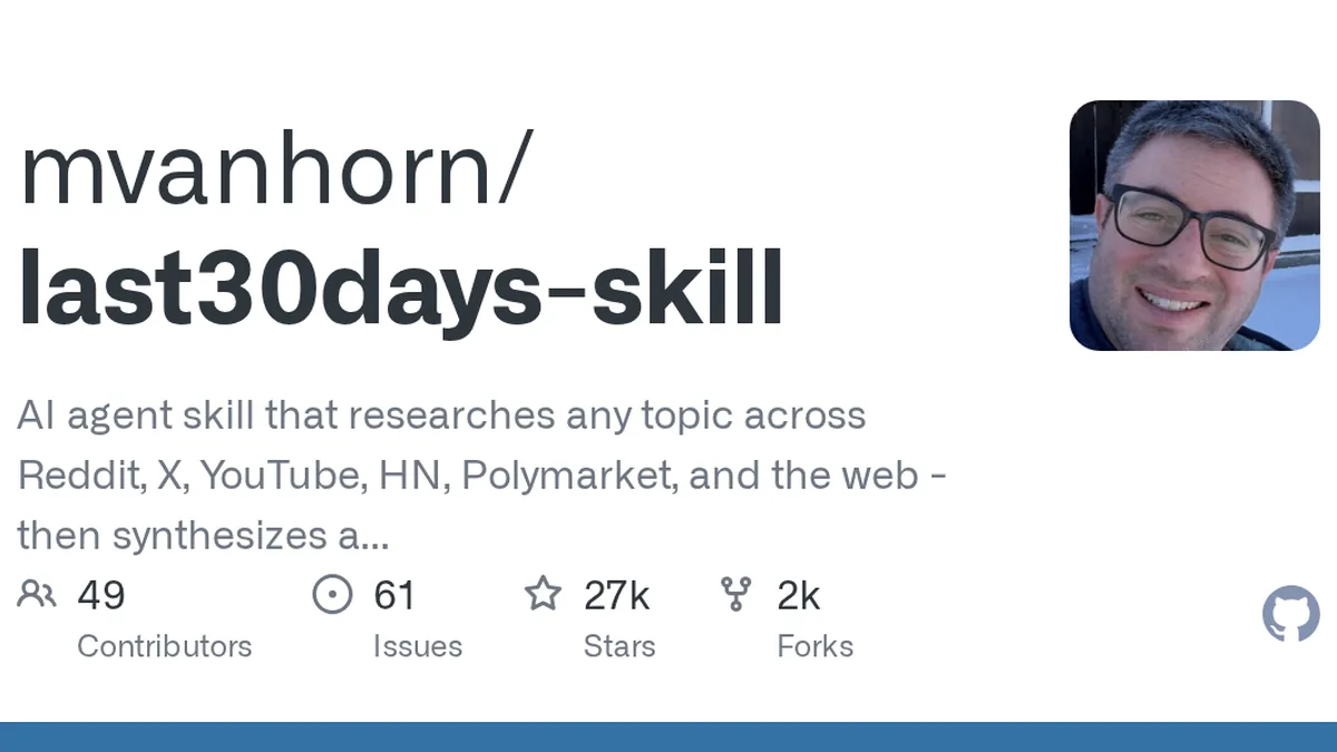 AI agent skill that researches any topic across Reddit, X, YouTube, HN, Polymarket, and the web - then synthesizes a grounded summary - mvanhorn/last30days-skill