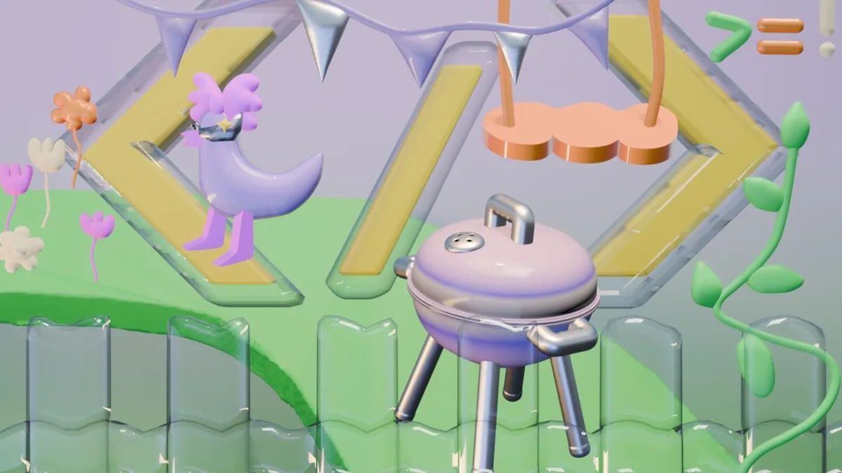 Image of a backyard with code brackets and a grill.