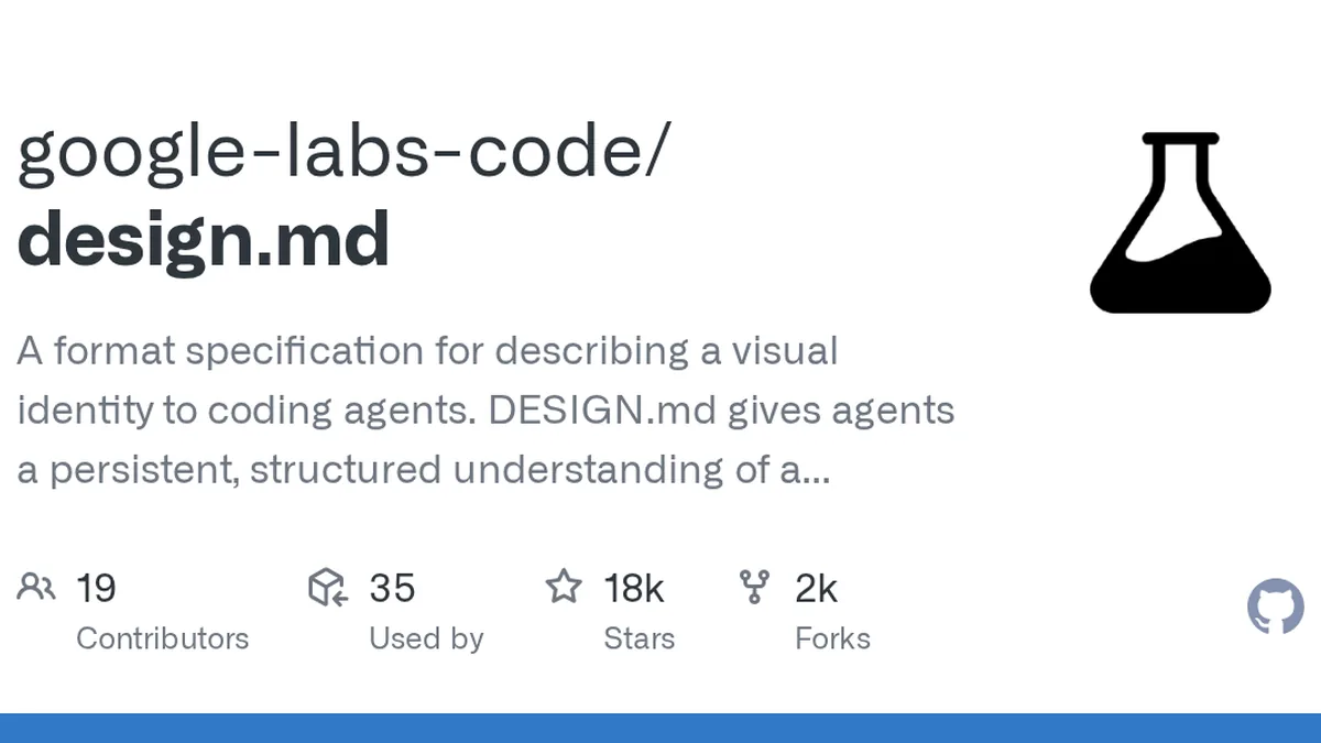 A format specification for describing a visual identity to coding agents. DESIGN.md gives agents a persistent, structured understanding of a design system. - google-labs-code/design.md