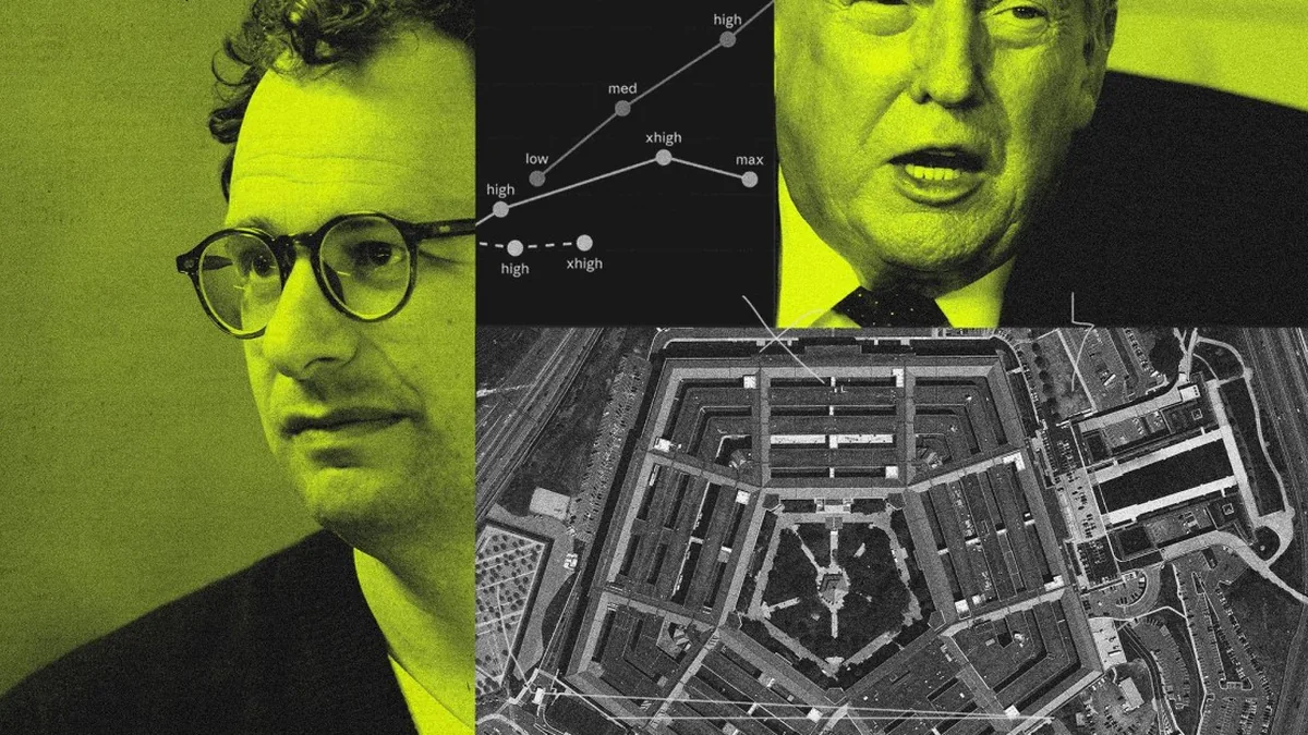 A photo illustration featuring Anthropic CEO Dario Amodei, President Donald Trump, and the Pentagon.