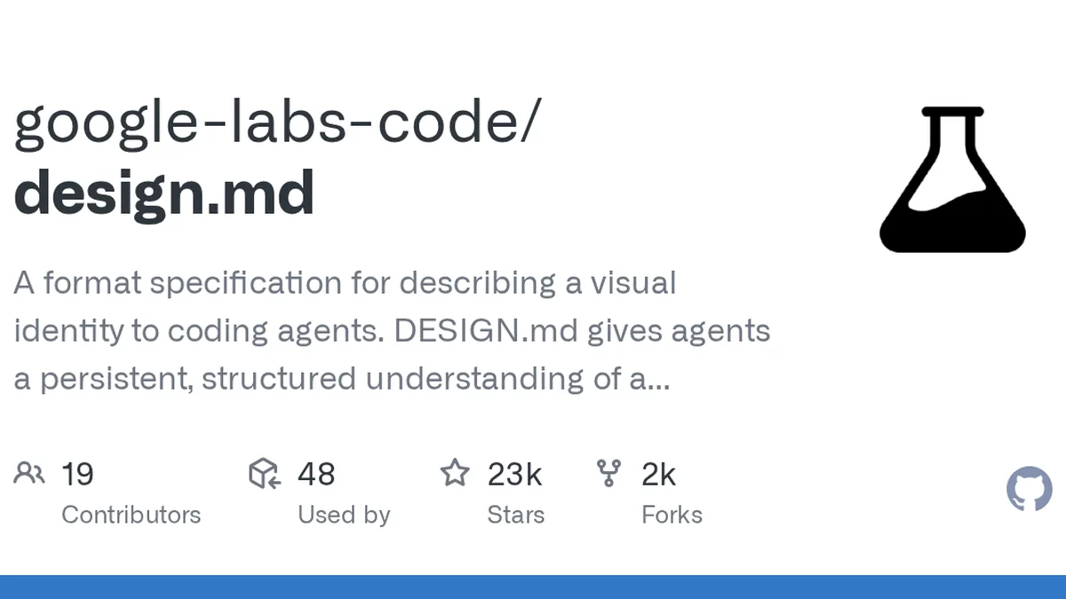 A format specification for describing a visual identity to coding agents. DESIGN.md gives agents a persistent, structured understanding of a design system. - google-labs-code/design.md