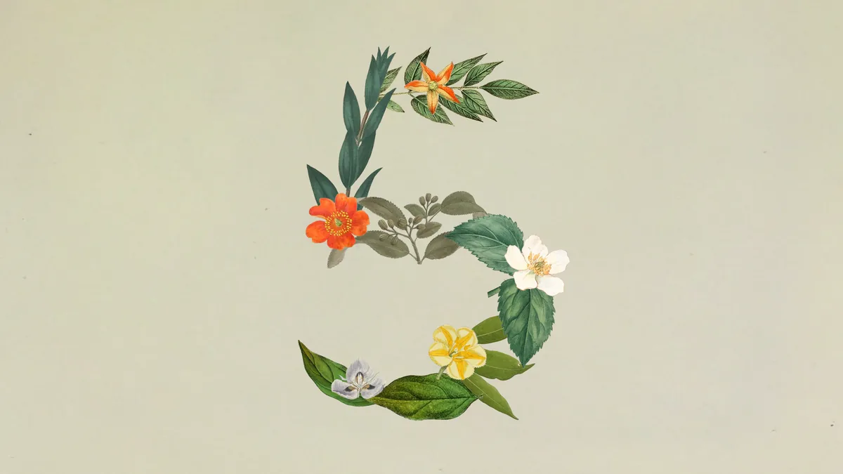 A mix of flowers and leaves forming the number 5
