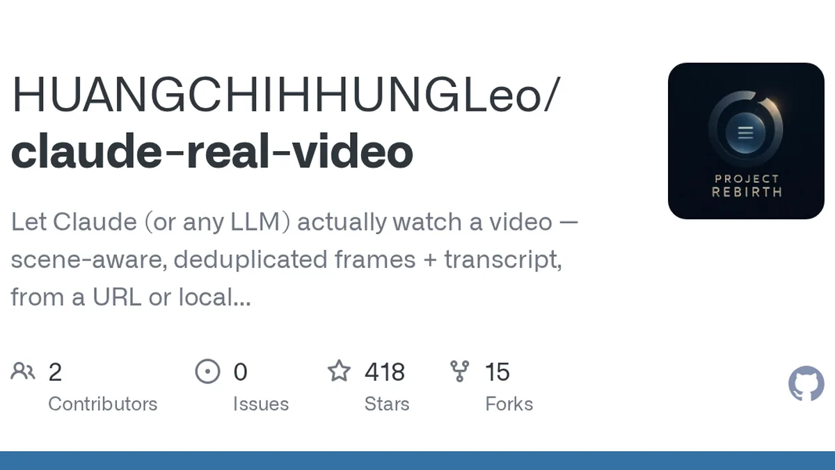 Let Claude (or any LLM) actually watch a video — scene-aware, deduplicated frames + transcript, from a URL or local file. Runs locally, MIT. - HUANGCHIHHUNGLeo/claude-real-video