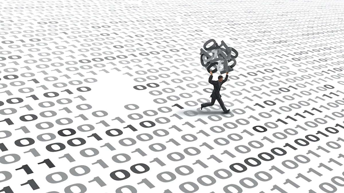 A cartoon man runs across a white field of ones and zeroes.