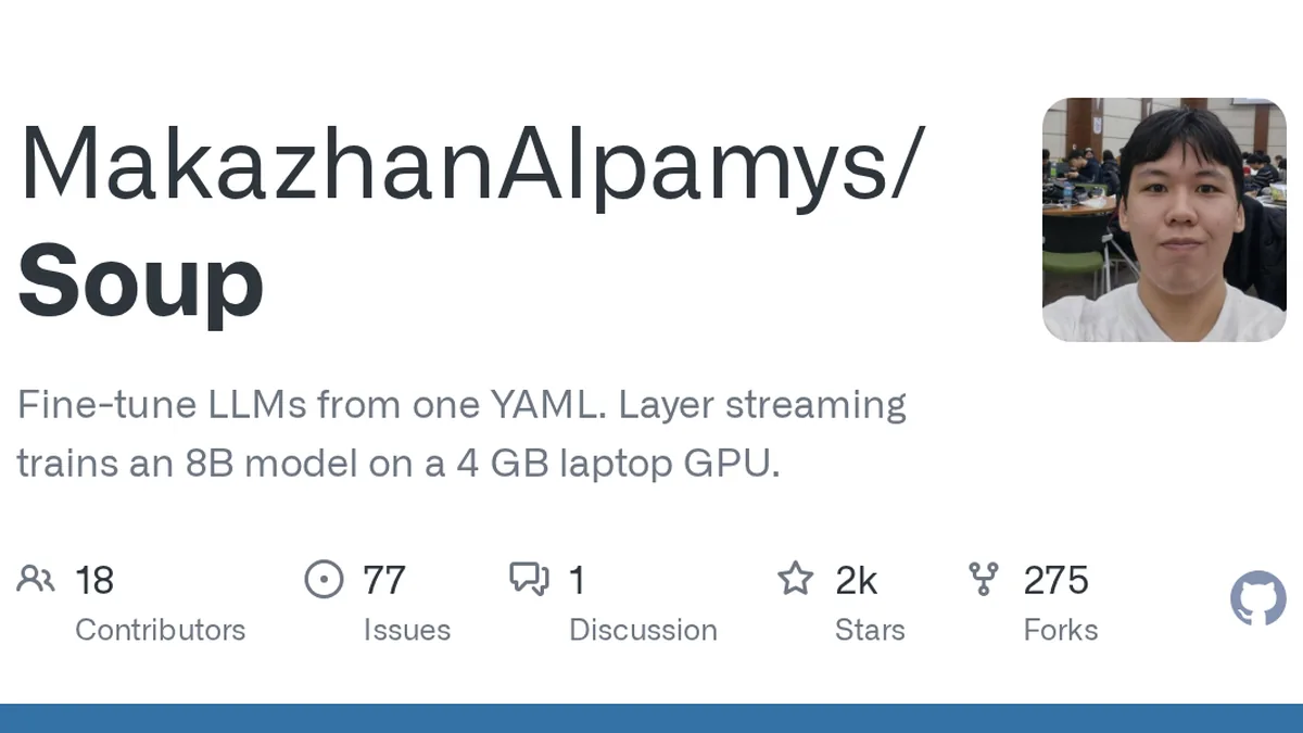 Fine-tune LLMs from one YAML. Layer streaming trains an 8B model on a 4 GB laptop GPU. - MakazhanAlpamys/Soup