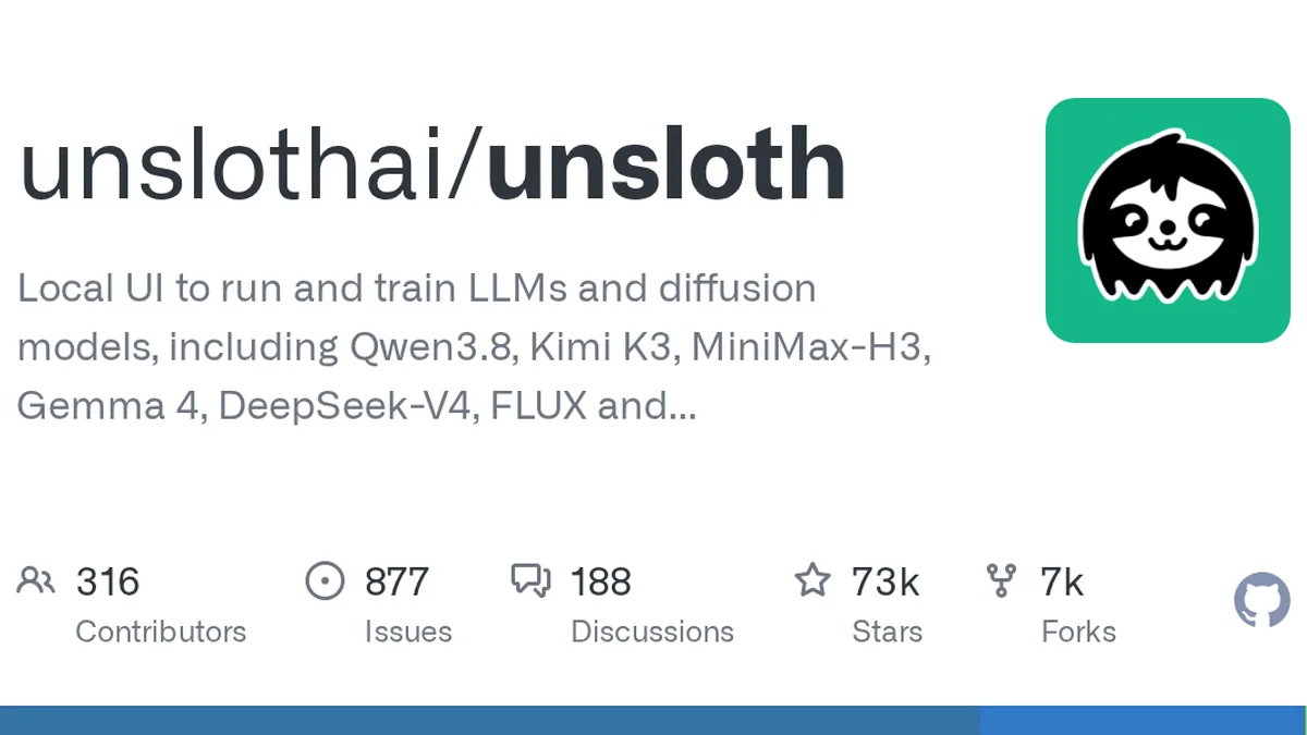 Local UI to run and train LLMs and diffusion models, including Qwen3.8, Kimi K3, MiniMax-H3, Gemma 4, DeepSeek-V4, FLUX and more. - unslothai/unsloth