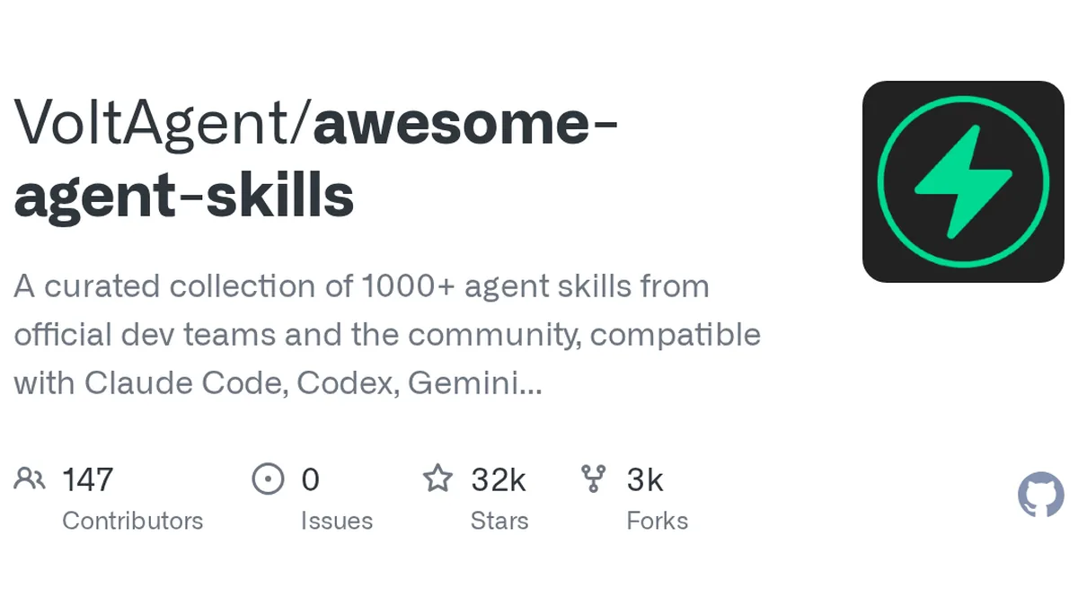 A curated collection of 1000+ agent skills from official dev teams and the community, compatible with Claude Code, Codex, Gemini CLI, Cursor, and more. - VoltAgent/awesome-agent-skills