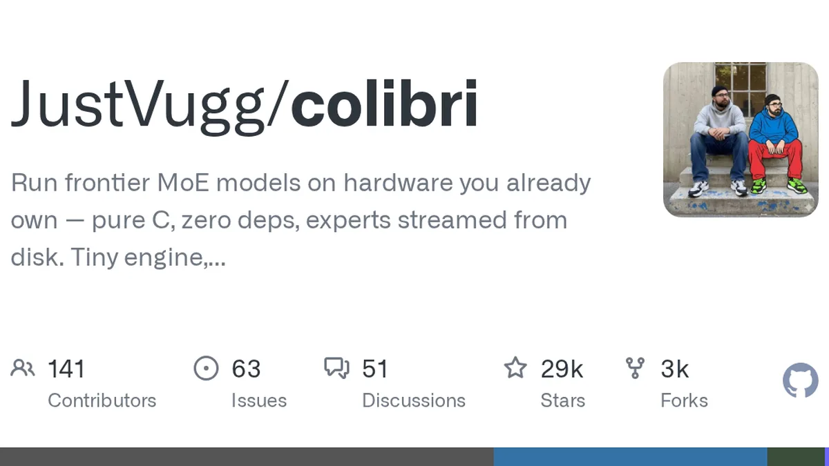 Run frontier MoE models on hardware you already own — pure C, zero deps, experts streamed from disk. Tiny engine, immense model. 🐦 - JustVugg/colibri