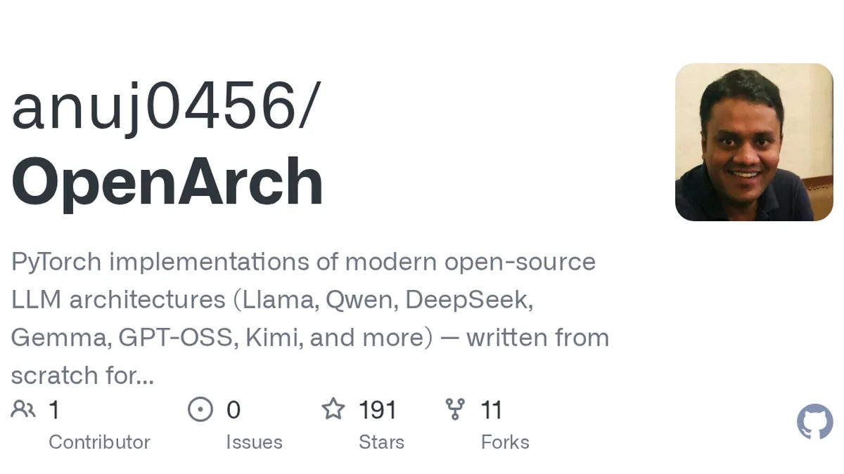 PyTorch implementations of modern open-source LLM architectures (Llama, Qwen, DeepSeek, Gemma, GPT-OSS, Kimi, and more) — written from scratch for readability and learning, based on Sebastian Rasch...