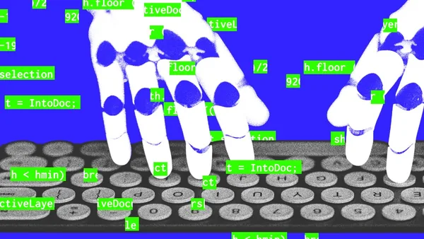 Robot hacker typing on a keyboard.