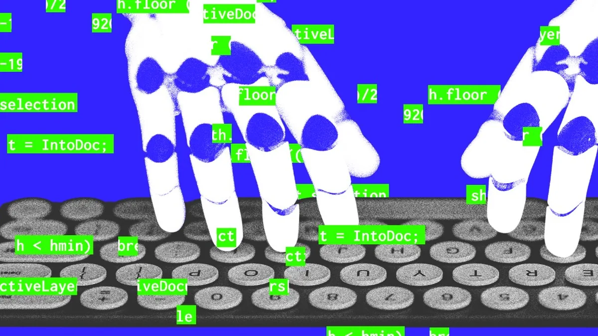 Robot hacker typing on a keyboard.
