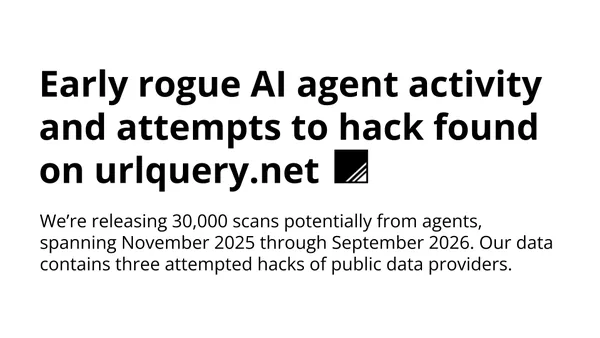 Title card announcing 30,000 scans potentially from agents, spanning November 2025 through September 2026, and three attempted hacks against public data providers