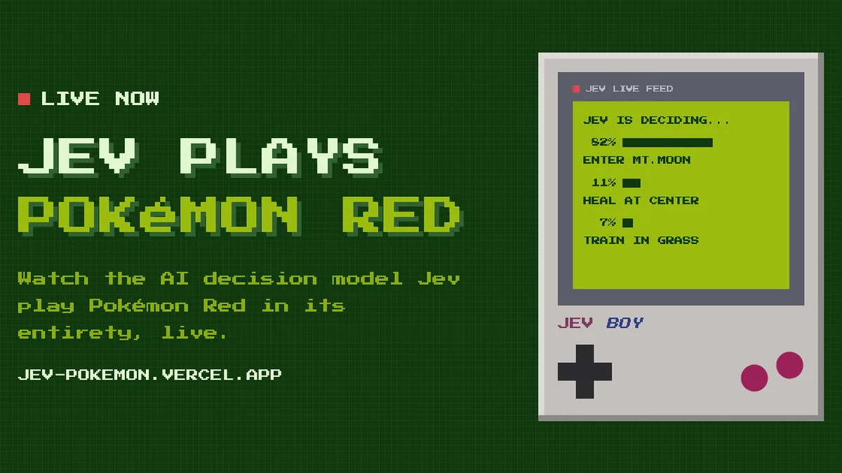Jev plays Pokémon Red: a pixel-art handheld showing Jev deciding between options with odds