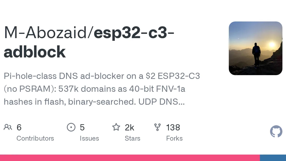 Pi-hole-class DNS ad-blocker on a $2 ESP32-C3 (no PSRAM): 537k domains as 40-bit FNV-1a hashes in flash, binary-searched. UDP DNS sinkhole + web dashboard. https://youtube.com/shorts/RaxszOUMi8E?fe...