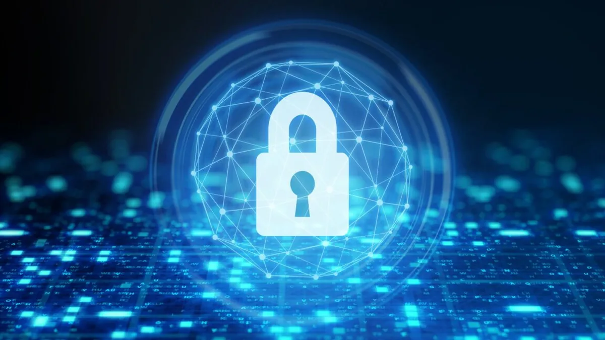 Illustration of a padlock over a glowing digital data panel.