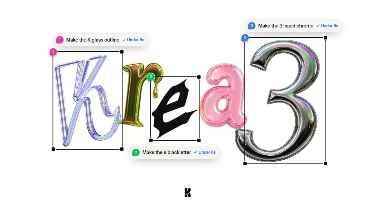 The Krea 3 wordmark with three edit boxes: make the K glass outline, the e blackletter, and the 3 liquid chrome.