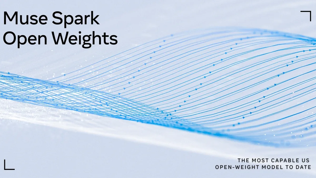 Muse Spark Open Weights artwork with blue lines flowing across a pale surface and the caption ‘The most capable US open-weight model to date’.