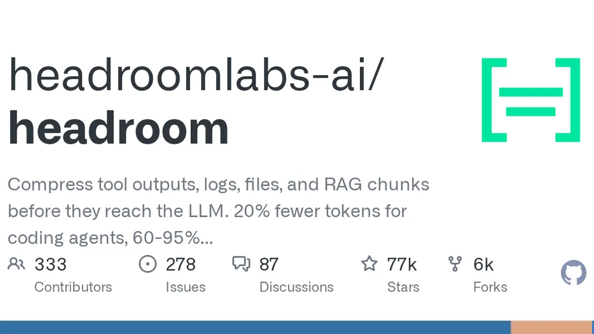 Compress tool outputs, logs, files, and RAG chunks before they reach the LLM. 20% fewer tokens for coding agents, 60-95% fewer tokens for JSON, same answers. Library, proxy, MCP server. - headrooml...
