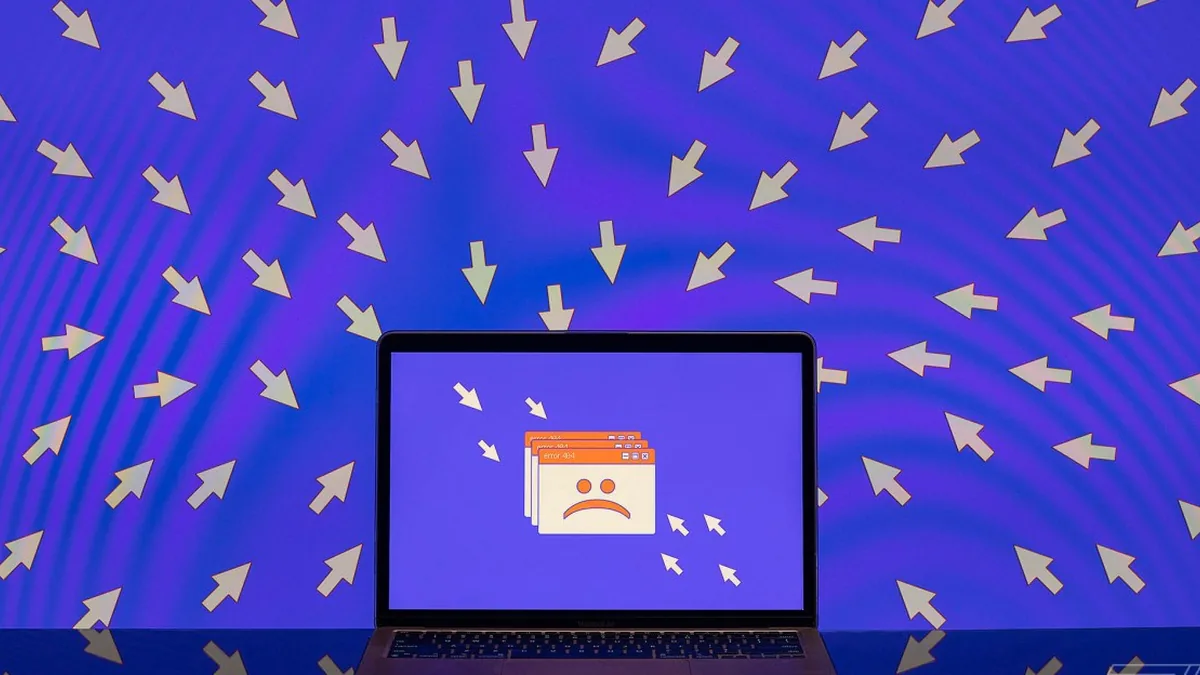 A number of cursors point toward an unhappy face on a laptop