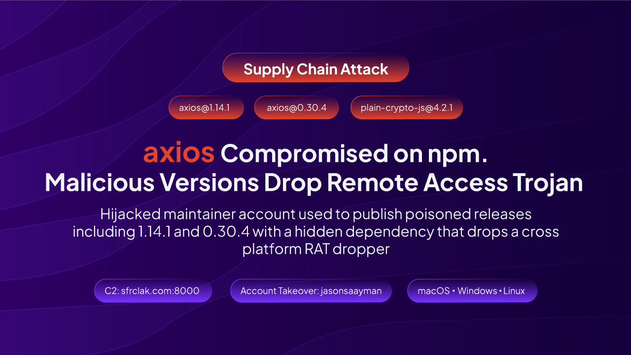 Axios compromised on NPM – Malicious versions drop remote access trojan