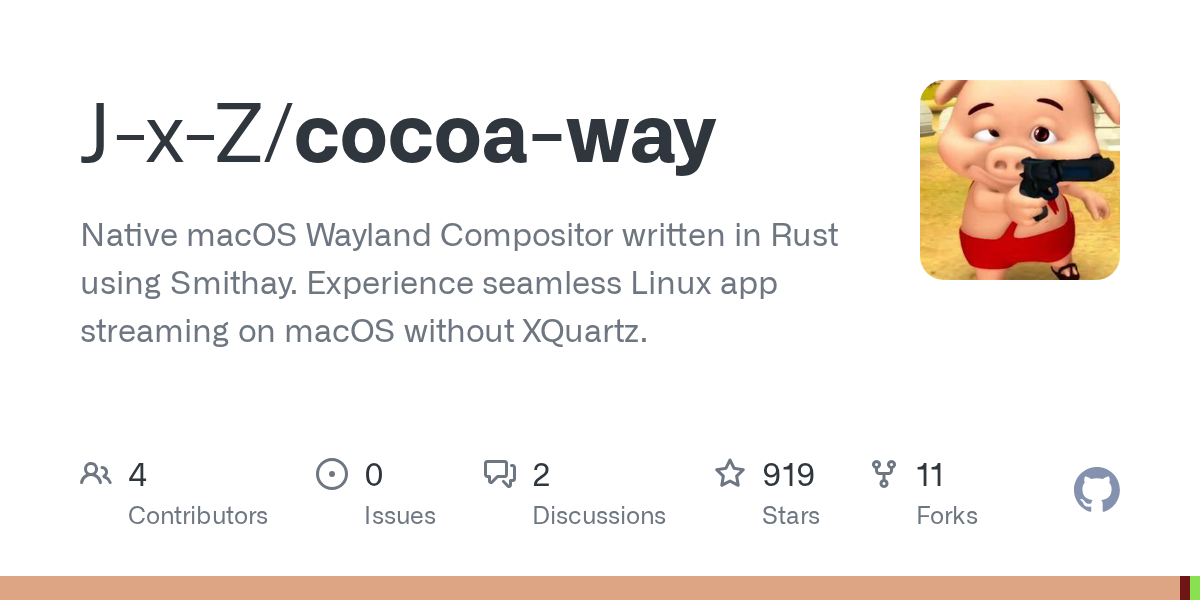 Native macOS Wayland Compositor written in Rust using Smithay. Experience seamless Linux app streaming on macOS without XQuartz. - J-x-Z/cocoa-way