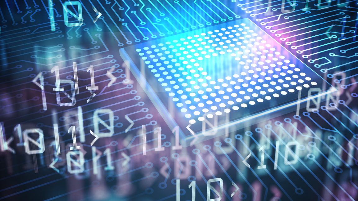 conceptual graphic of symbols representing quantum states floating above a stylized computer chip.