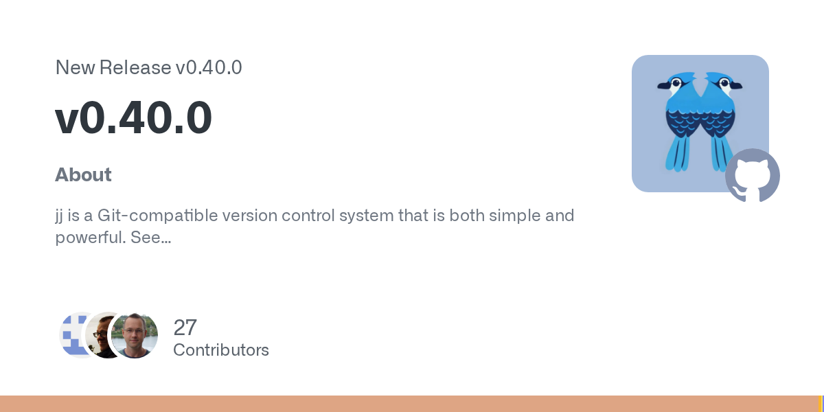 About
jj is a Git-compatible version control system that is both simple and powerful. See
the installation instructions to get started.
Release highlights
None
Breaking changes
None
Deprecations
No...