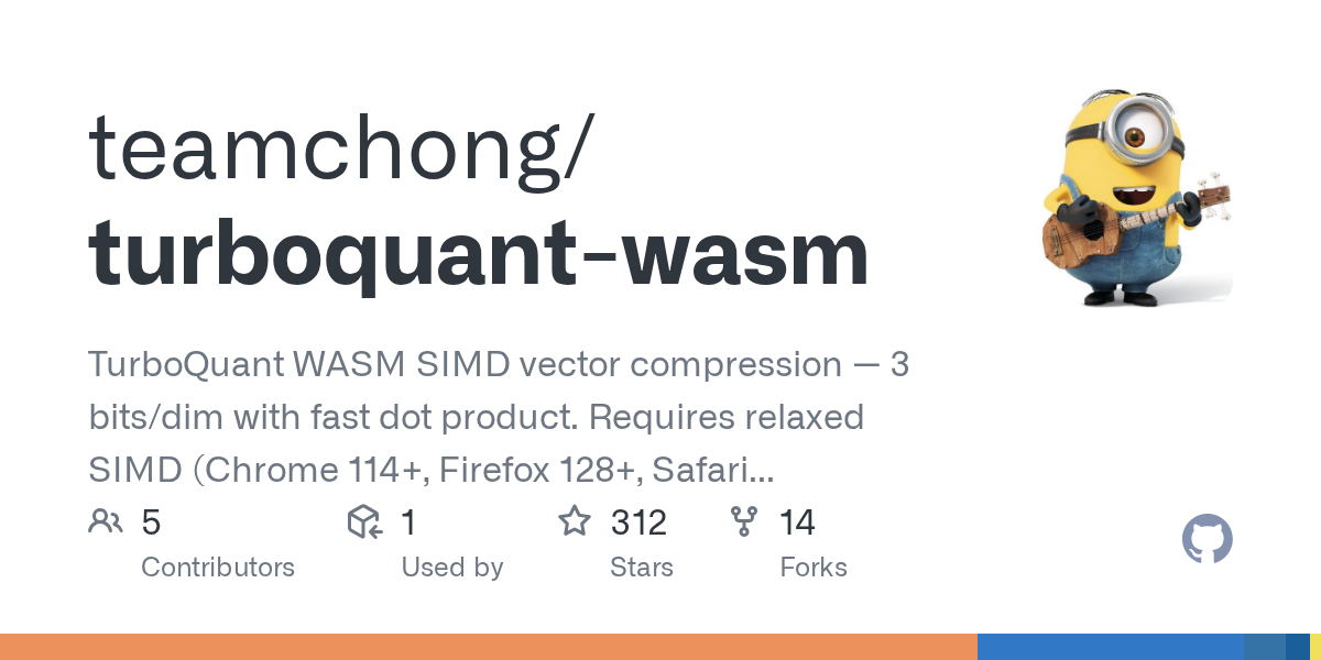 TurboQuant WASM SIMD vector compression — 3 bits/dim with fast dot product. Requires relaxed SIMD (Chrome 114+, Firefox 128+, Safari 18+, Node 20+) - teamchong/turboquant-wasm