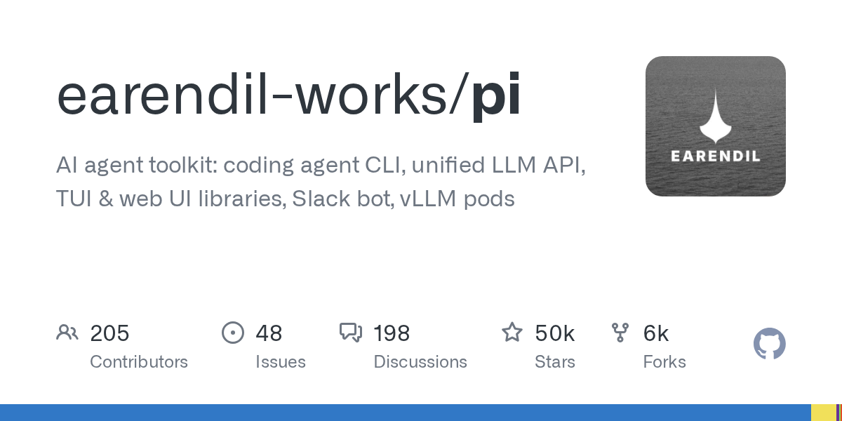 AI agent toolkit: coding agent CLI, unified LLM API, TUI & web UI libraries, Slack bot, vLLM pods - earendil-works/pi