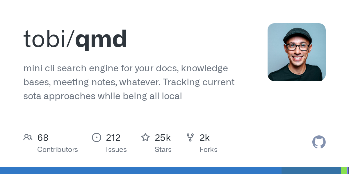 mini cli search engine for your docs, knowledge bases, meeting notes, whatever. Tracking current sota approaches while being all local - tobi/qmd
