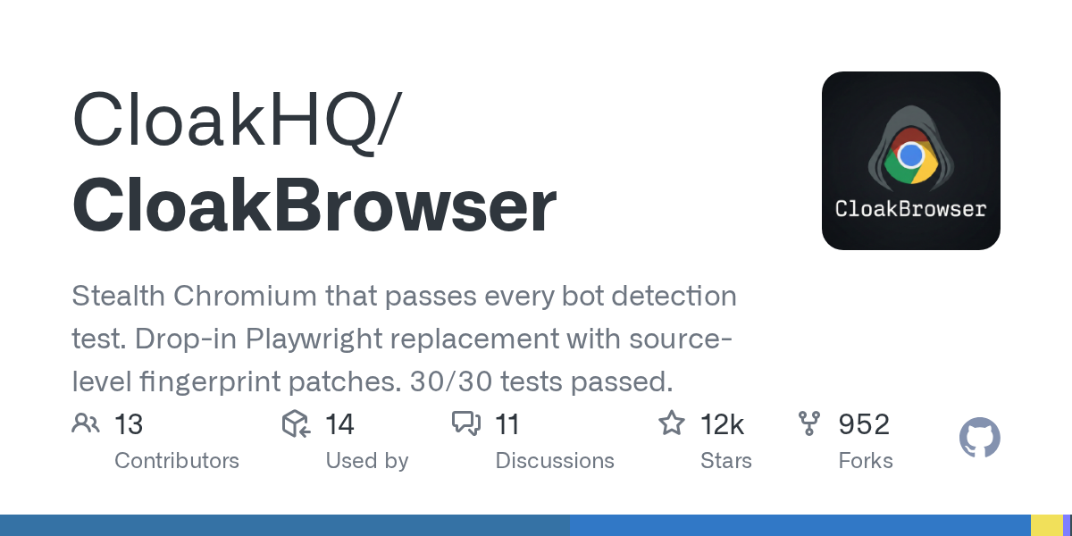 Stealth Chromium that passes every bot detection test. Drop-in Playwright replacement with source-level fingerprint patches. 30/30 tests passed. - CloakHQ/CloakBrowser