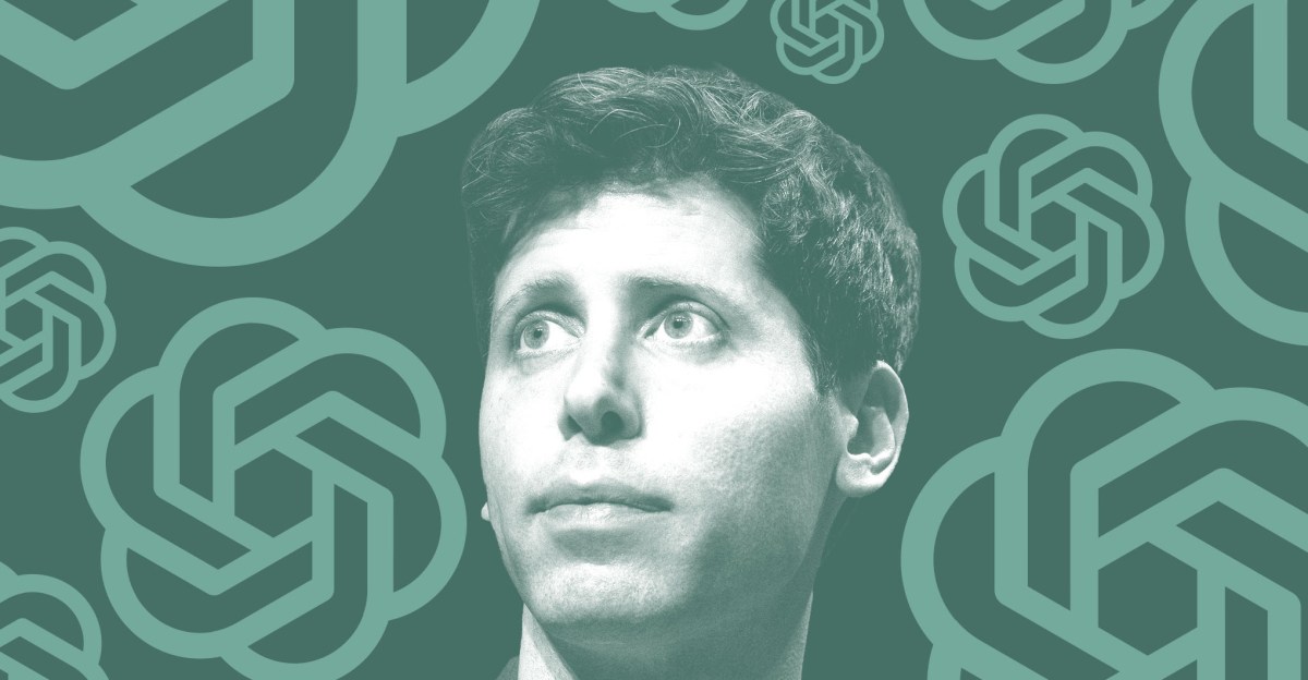 Sam Altman with OpenAI logo on green background.