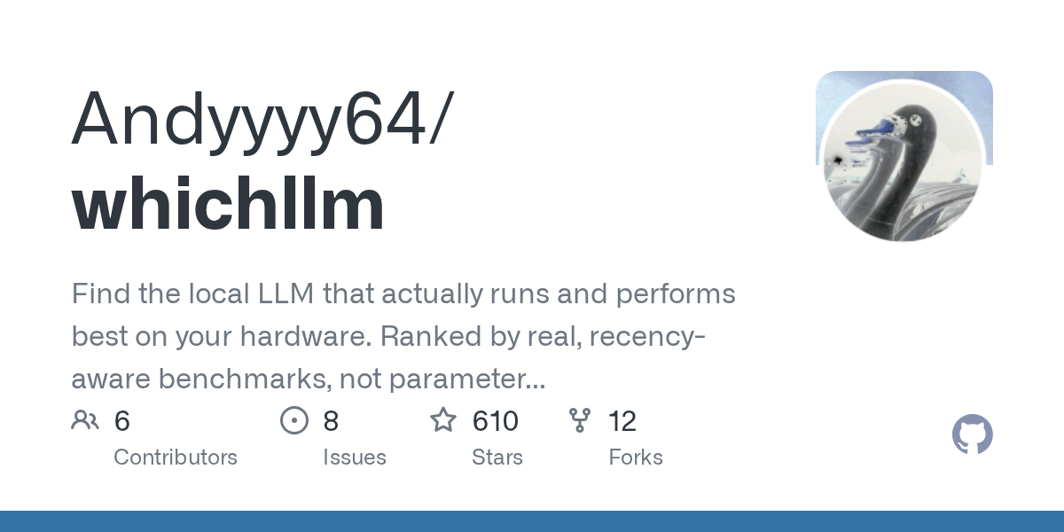 Find the local LLM that actually runs — and performs best — on your hardware. Ranked by real, recency-aware benchmarks, not parameter count. One command, run it instantly. - Andyyyy64/whichllm