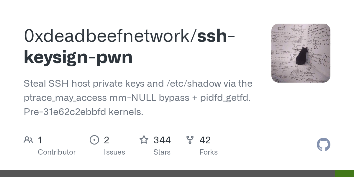 Steal SSH host private keys and /etc/shadow via the ptrace_may_access mm-NULL bypass + pidfd_getfd. Pre-31e62c2ebbfd kernels. - 0xdeadbeefnetwork/ssh-keysign-pwn
