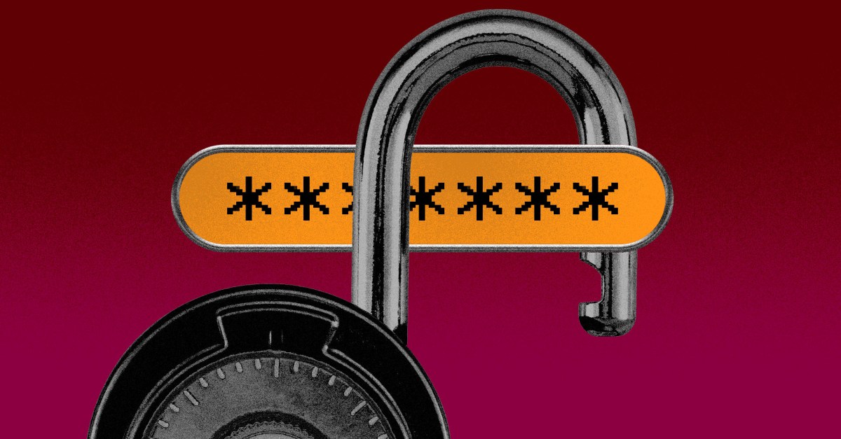 Illustration of a password above an open combination lock, implying a data breach.