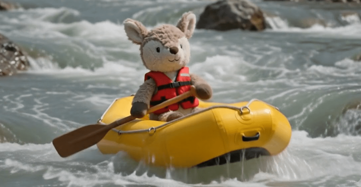 Still from an AI generated video of a stuffed deer white water rafting