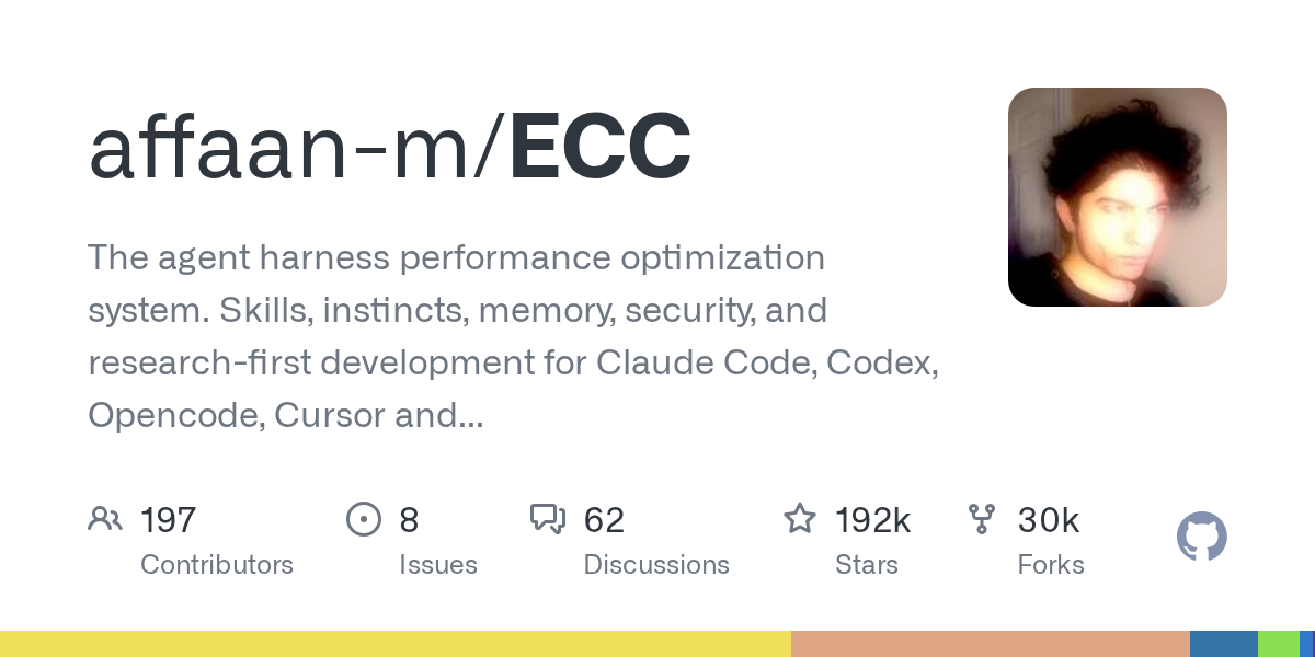 The agent harness performance optimization system. Skills, instincts, memory, security, and research-first development for Claude Code, Codex, Opencode, Cursor and beyond. - affaan-m/ECC